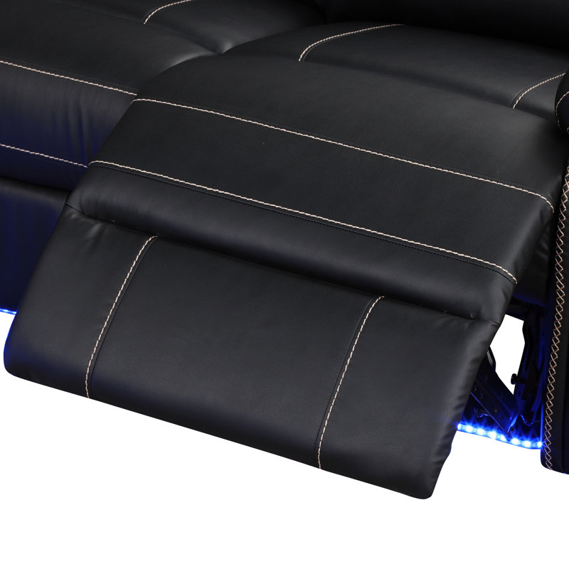 Canapé modulaire en cuir PU noir avec dispositif d'inclinaison, console et porte-gobelets, l 103,51 po x l 87 po x H 38,45 po, mousse, console centrale à faux cadre, bande à DEL, rangement, noir, l 98 po x l 39 po