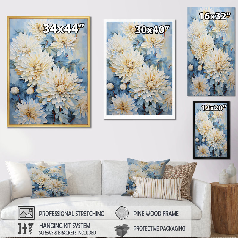 «Blue and White Mums Flowers Elegance III», reproduction sur toile, Cadre flottant doré, H 20 po x l 12 po x P 1 po