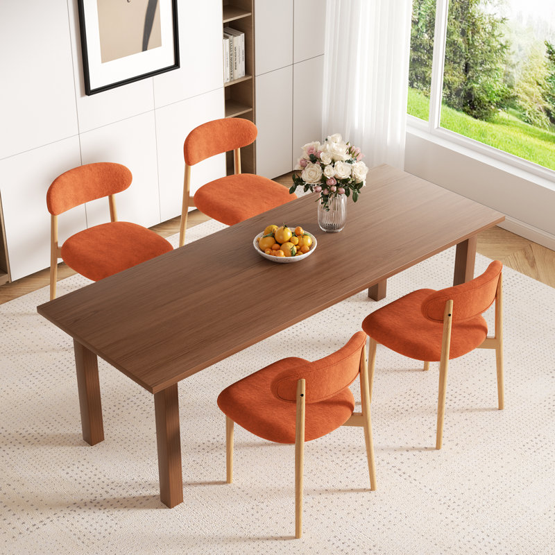 Modern Minimalist Dining Chair With Wood Legs, Mid-Century Accent Chair For Kitchen, Living Room, And Vanity, Orange, Natural
