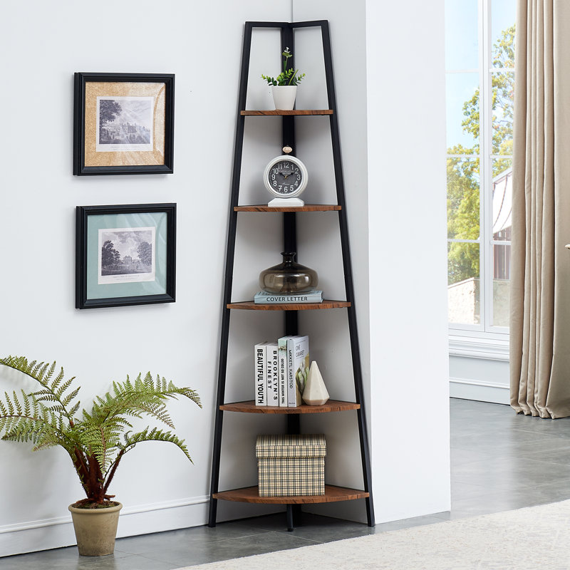 Mel 72'' Tall 5 Tier Corner Bookcase, Brown