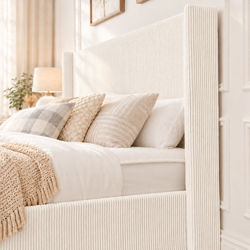 Lit plateforme tapissier avec rangement Lugent, California King, Blanc