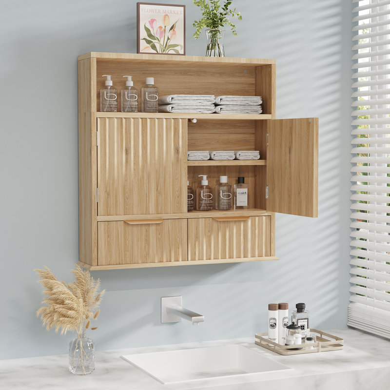 Armoire murale cannelée avec tiroirs, armoire de rangement en bois avec tablette réglable et compartiment ouvert, rangement mural pour salle de bain, cuisine ou buanderie