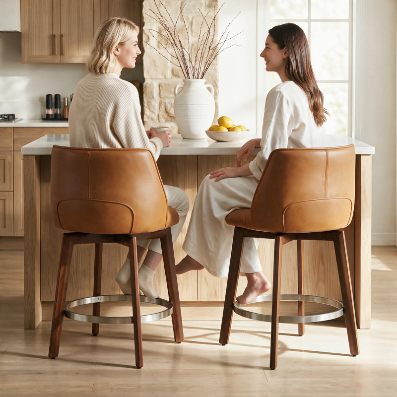 Ensemble de tabourets de bar modernes de hauteur comptoir 3, 26 po avec tabourets pivotants en bois massif et tabourets de comptoir en similicuir brun pour îlot de cuisine