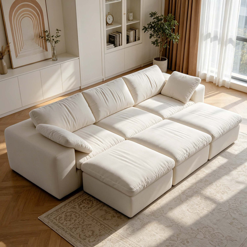 Canapé modulaire beige moderne avec 3 repose-pieds assortis, larges accoudoirs carrés, coussins lavables amovibles, Blanc