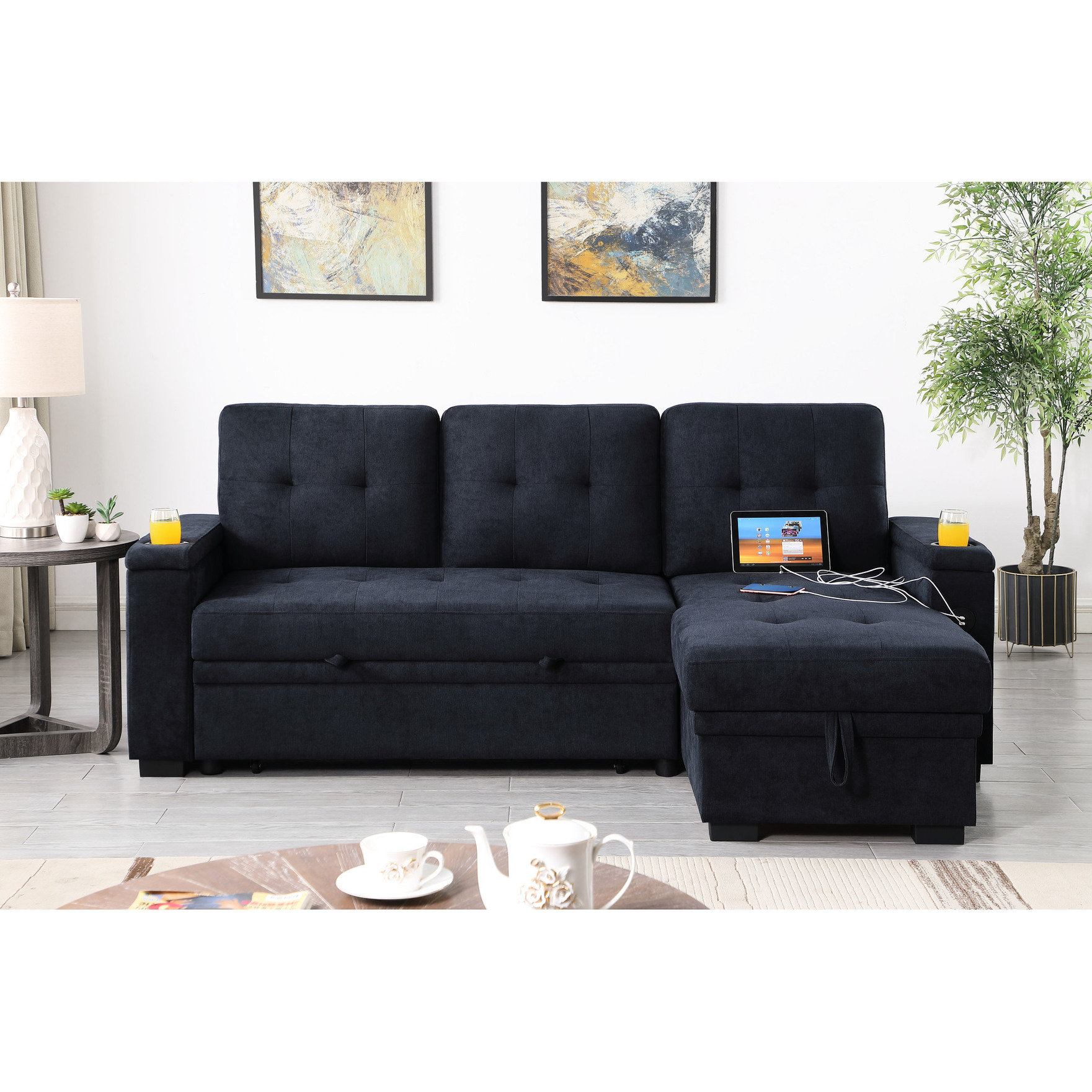 Latitude Run® 3 Seat Dark Grey Fabric Sectional With Sleeper, Side ...