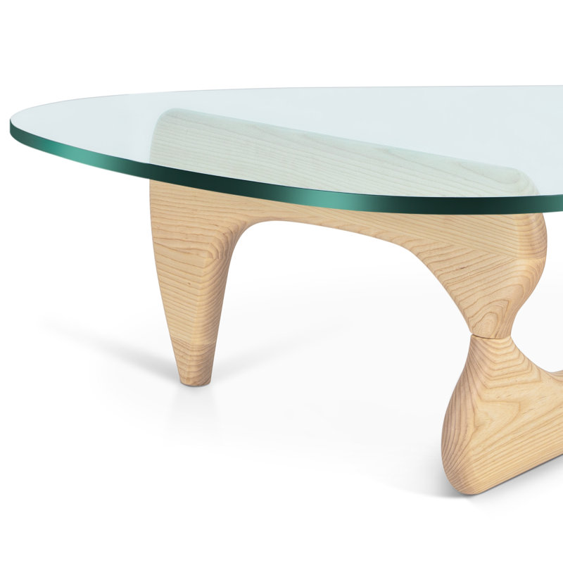 Table basse triangulaire en verre avec base en bois et plateau en verre transparent Mid-Century, Naturel