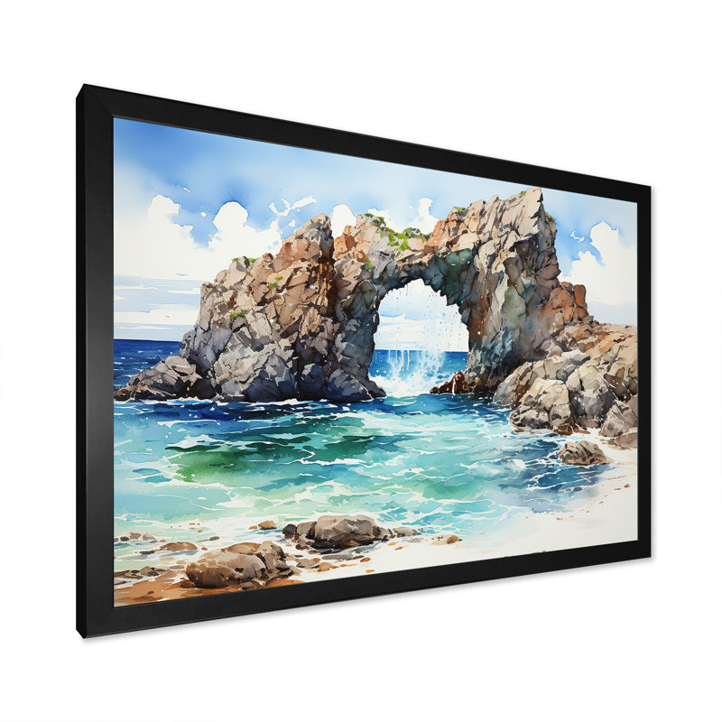 Coastal Rock Arch Beach 2 - Vagues côtières, art mural, H 12 po x l 20 po x P 1 po, Cadre d'angle fermé noir