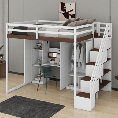 Loft Bed With Storage Stairs, Built-In Dressing Table & Wardrobe, Modern Bed With Mirror, USB Charging & Lights