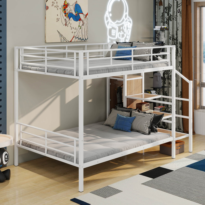 A Full-Sized Over Full-Sized Metal Bunk Bed, Equipped With A Lateral Storage Ladder And A Wardrobe, White, Twin Over Twin