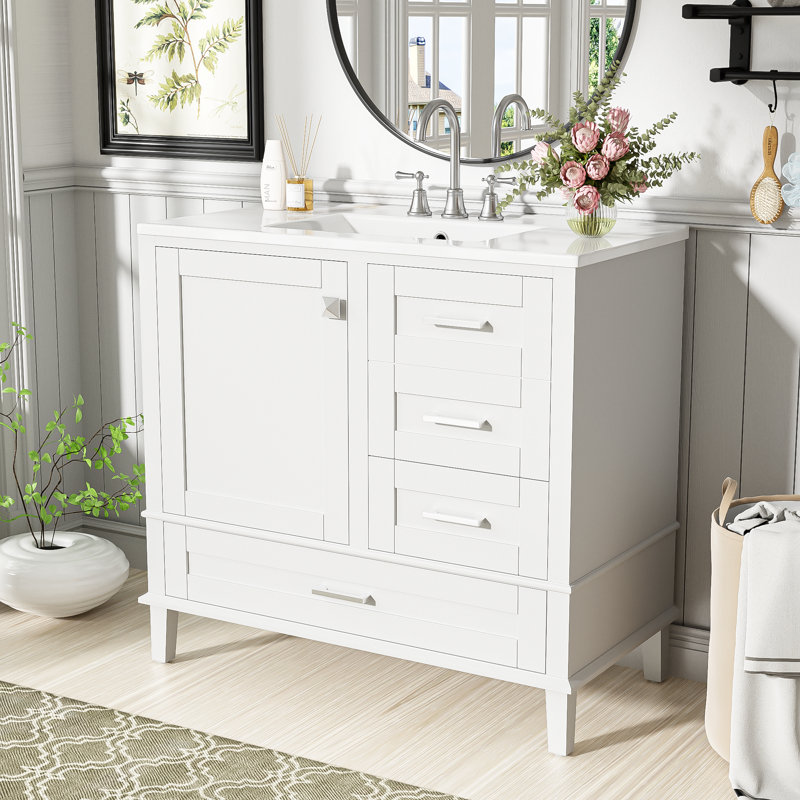 36" Single Bathroom Vanity With Ceramic Sink, White