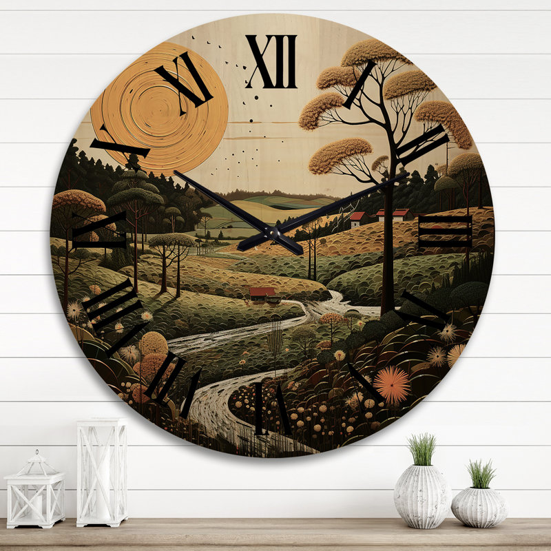 Horloge murale en bois campagne Pointillism VI - Paysages, Très grand