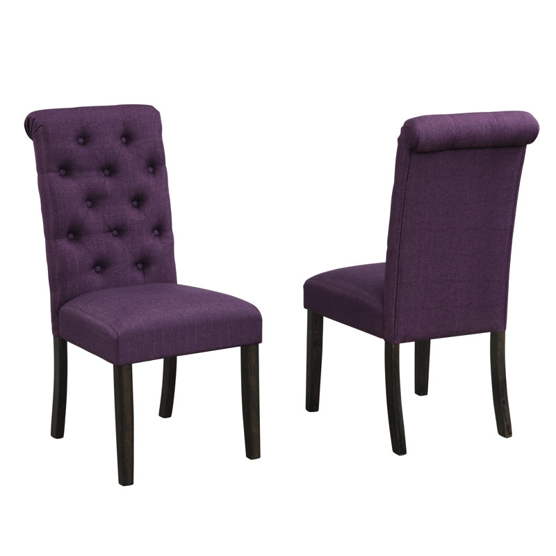 Chaise de salle à manger en mauve. Bouton à l'arrière. Bois massif avec finition en chêne. Mélange de revêtement. L 18 po x P 21 po x H 39,2 po, conception. Style haut dossier.