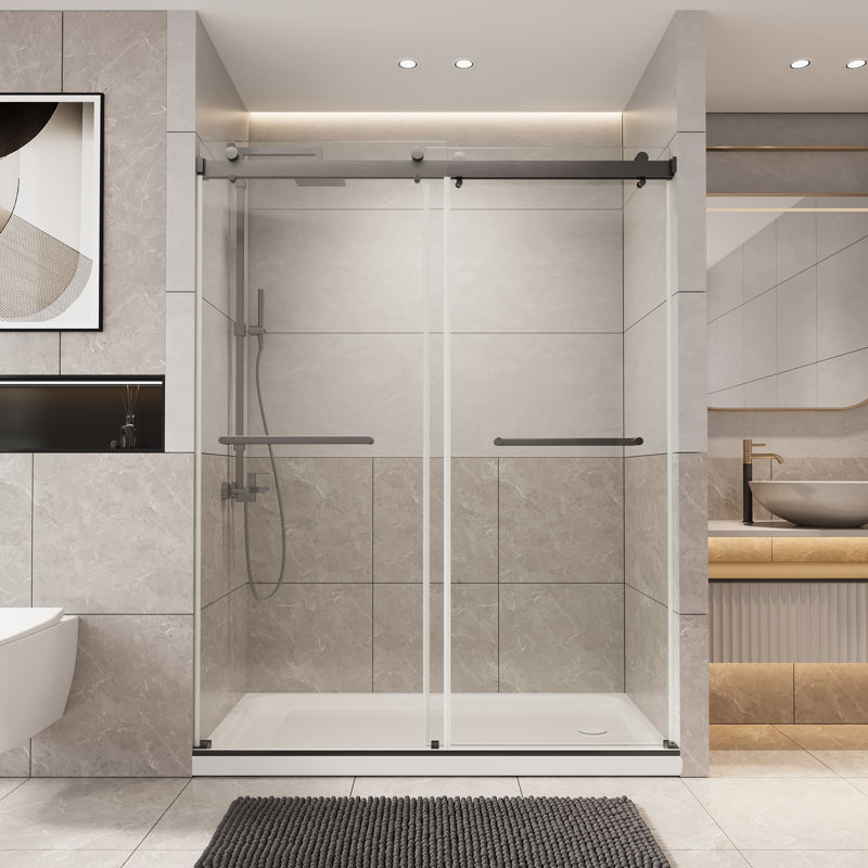 56 to 60'' W x 76'' H Frameless Shower Door, Double Sliding Shower Door with Premium 1/4" (6mm) Thick Tempered Glass, Stainless Steel, Matte Black