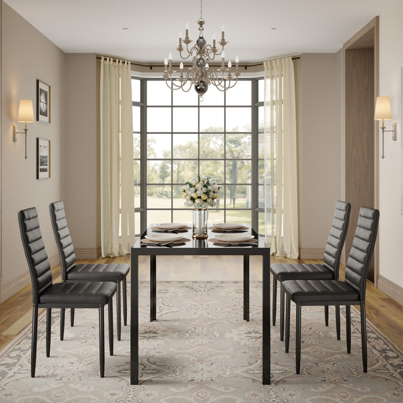 Latoyta Modern 5-Piece Rectangular Glass Top Dining Set with Cushioned Chairs, Black