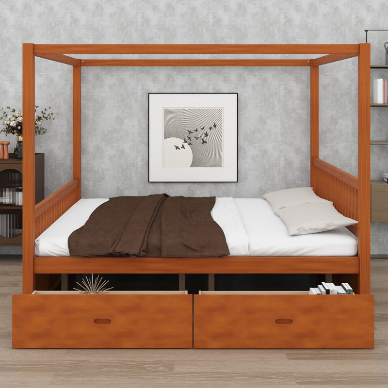 Lit à baldaquin traditionnel en bois avec tiroirs de rangement pratiques, Noyer, Très grand lit