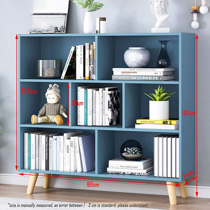 Bibliothèque à 3 niveaux avec tablette ouverte en bois avec pieds, 7 cubes et rangement en un, Bleu vif