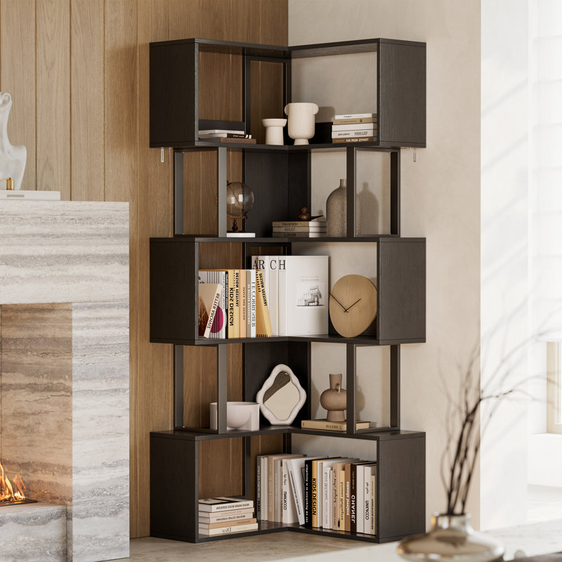 Space-Saving L-Shaped 6-Tier Corner Bookshelf, Black