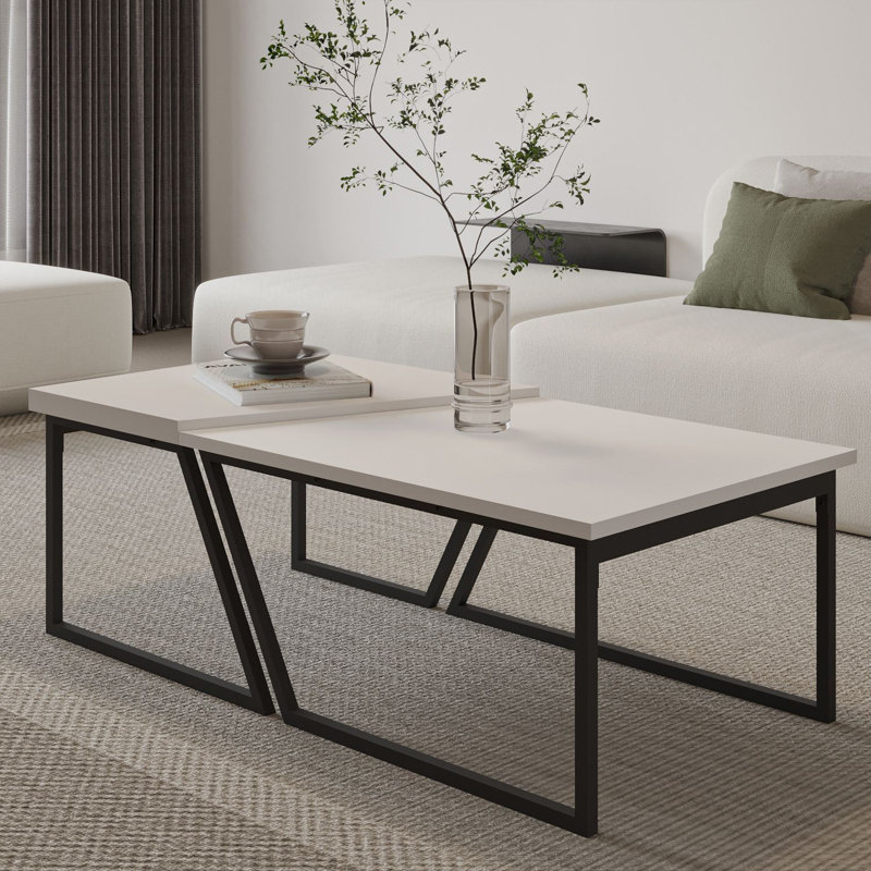 Modern Coffee Table Set (2 Pieces), White, 47.2 x 23.6 x 15.2 inches & 31.5 x 23.6 x 15.9 inches | 100% Melamine Coated Particle Board, Thickness: 0.7 inches | Stylish Black Metal Legs, Perfect for Contemporary Living Rooms