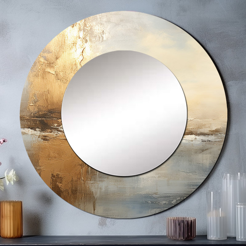 Rhyss moderne bord de mer beige et Gold River I - miroir décoratif océan, grand miroir mural bord de mer, impression sur métal