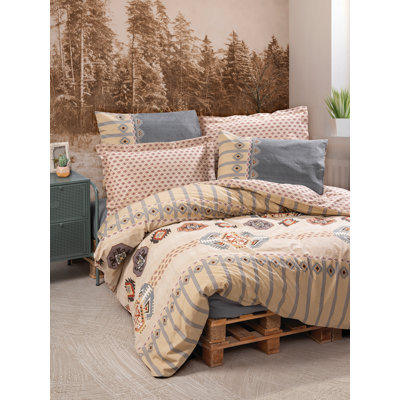 100% Cotton Ranforce Single Quilt Cover Set, 63 x 87 | Includes 63 x 94 Flat Sheet & 20 x 28 Pillowcase | Pigment Printed, Machine Washable, Envelope Closure for Pillowcase, Button Closure for Duvet | Stylish Grey, Beige, Orange & Red Design