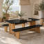 Ensemble de table de salle à manger et de bancs en fibre de verre 86,6 po noir mat intérieur / extérieur avec base en bois d'acacia Balictar-132791660
