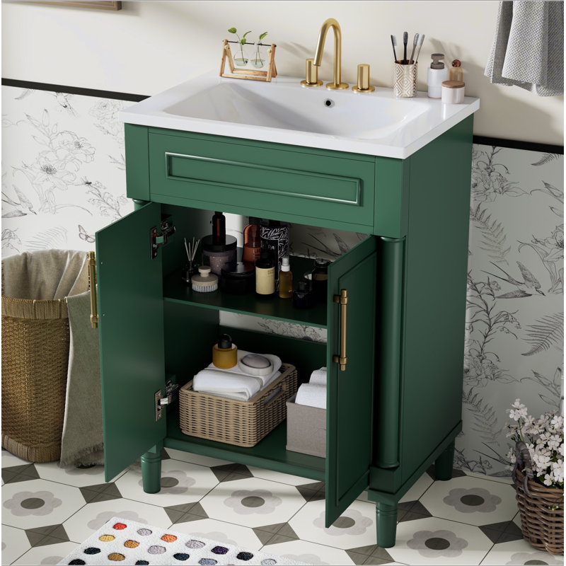 Meuble-lavabo 24 po avec lavabo intégré en céramique, meuble-lavabo simple avec 2 portes et meuble-lavabo simple pour petite et moyenne salle de bain