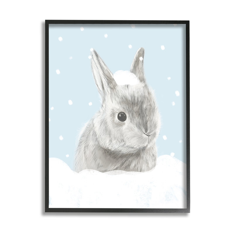 Lapin d'hiver enneigé, animal de la forêt, estampe numérique encadrée par Daphne Polselli, H 30 po x l 24 po