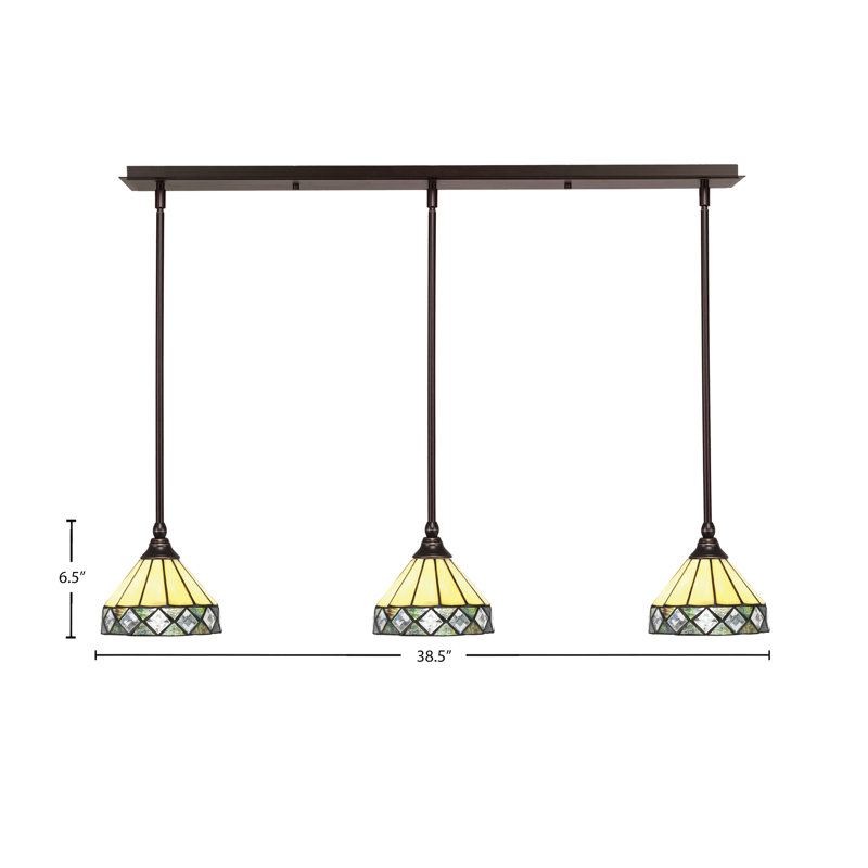 Luminaire suspendu linéaire sur pied 3 lumières avec verre à losanges de 7 po, H 6,5 po x l 38,25 po x P 7 po, Bronze huilé