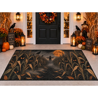 Tapis d'extérieur d'Halloween 152 x 213 cm, motif champ de maïs hanté, imperméable, en PVC bouclé, résistant et à séchage rapide, idéal pour porche, terrasse, balcon ou entrée.