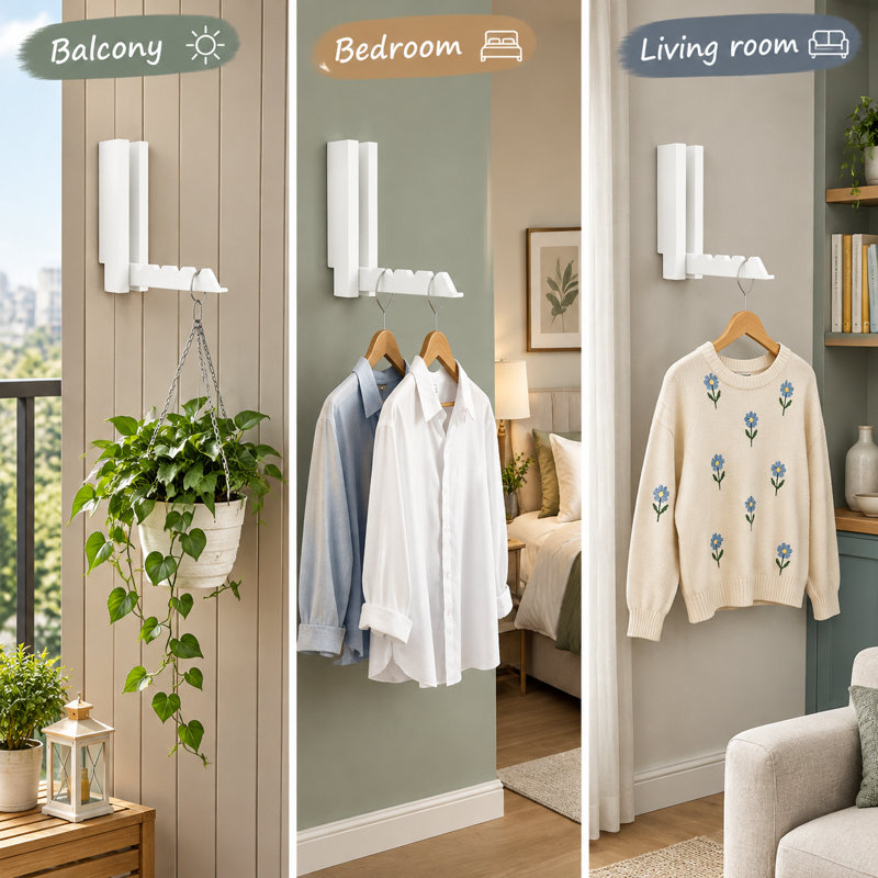 Un ensemble de 2 cintres muraux escamotables en bois permet d'organiser les salles de lavage, les salles de bain et les placards dans de petits espaces, avec une installation facile