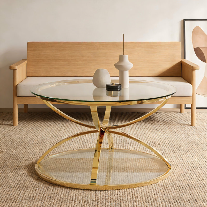 19.69" Modern 2-Tier Round Glass Side Table, Ring Frame, Chrome, Silver, Grey, 19.69", Silver