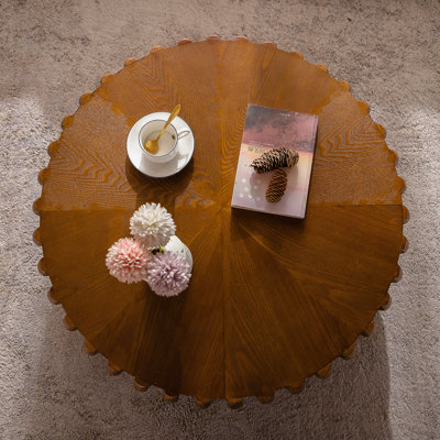 Drum Fluted Modern Round Coffee Table With Sturdy Pedestal, Ideal For Bedroom, Apartment, Living Room, And Farmhouse Decor