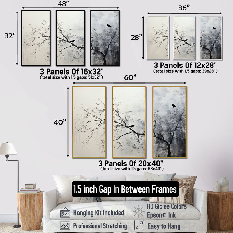 Minimalisme, oiseaux monochromes sur branche II - ensemble de décoration murale arbre, Cadre flottant blanc