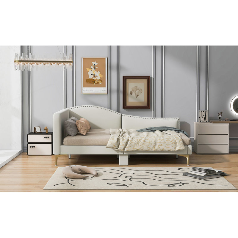Lit de jour double rembourré avec tête de lit et accoudoirs, pieds de soutien, Lit double, Beige