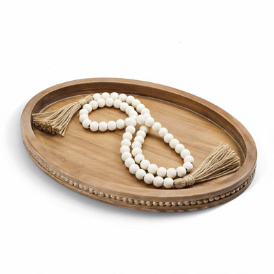 Oval Wood Decorative Tray, Bead Garland | Rustic brown tray with raised beaded rim and 58 in wood bead garland for coffee tables and entryways; not for food serving.(Brown)