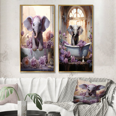 Lavande Splish Splash veau dans la baignoire - ensemble de 2 reproductions d'art sur toile