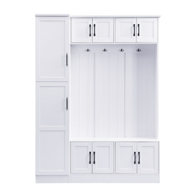 79'' Tall Modern White Hall Tree – 4-in-1 Entryway Bench With 6 Cabinets, 4 Metal Coat Hooks & Adjustable Shelf, Anti-tip Kit, Durable Mdf, Easy Assembly For Hallway/living Room