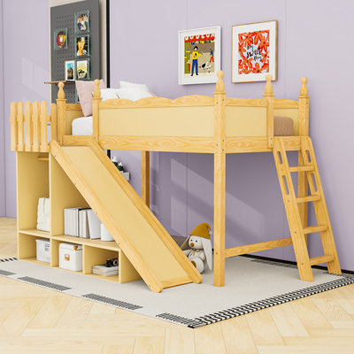 Wood Loft Bed with Slide, Storage Shelves and Wardrobe