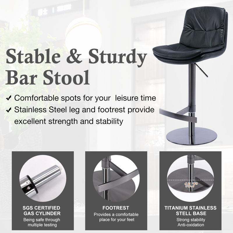 Adjustable Height Swivel Bar Stool with Titanium Steel Frame and Napa Leather Style Eco-Friendly Double Layer Seat Cushion