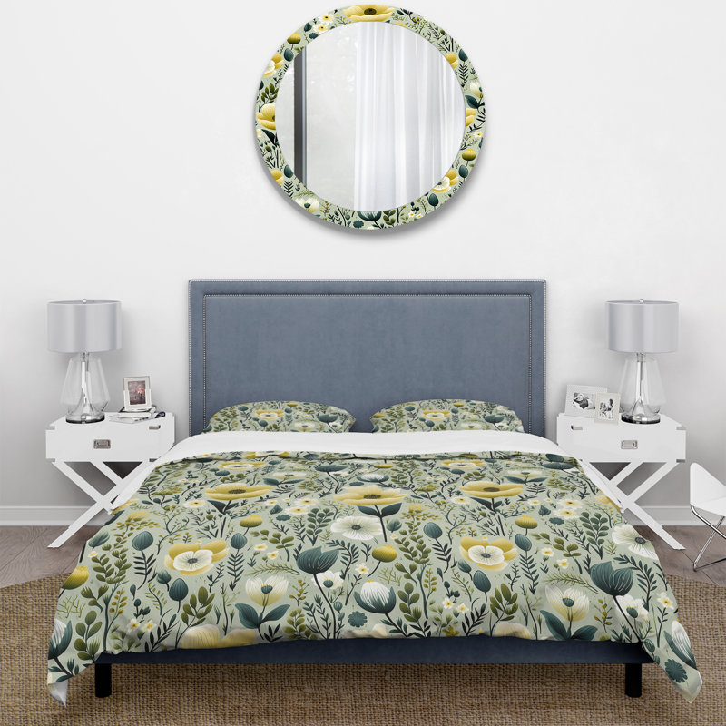 Tranquil Green And White Garden Blooms - Ensemble de housse de couette à motif floral