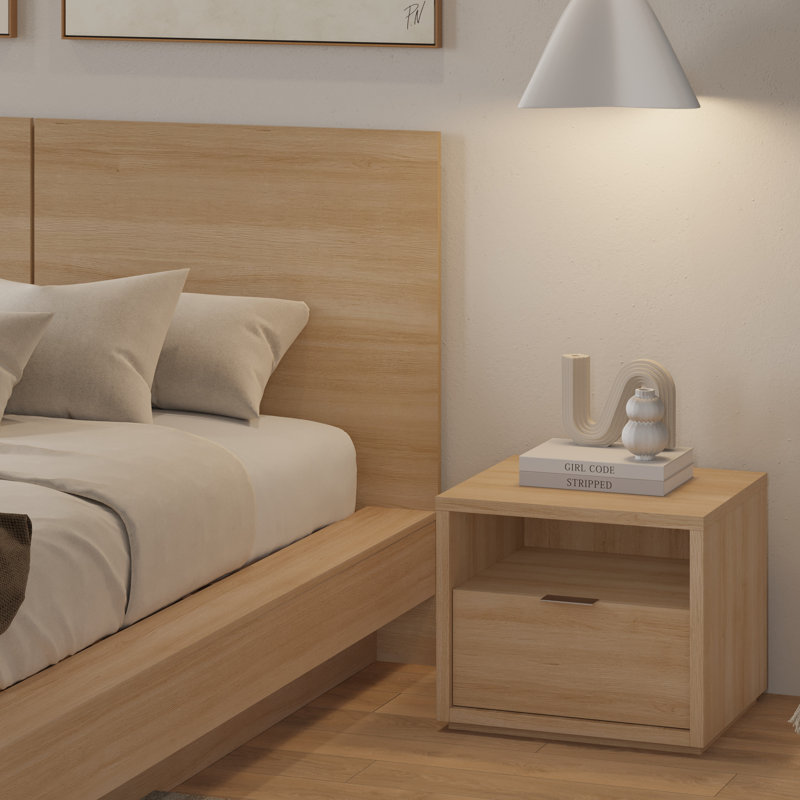 Ensemble de chambre à coucher 2 pièces avec tête de lit à lattes Dahlia, 1 table de chevet, Beige, 2 Pcs: Bed, Nightstands