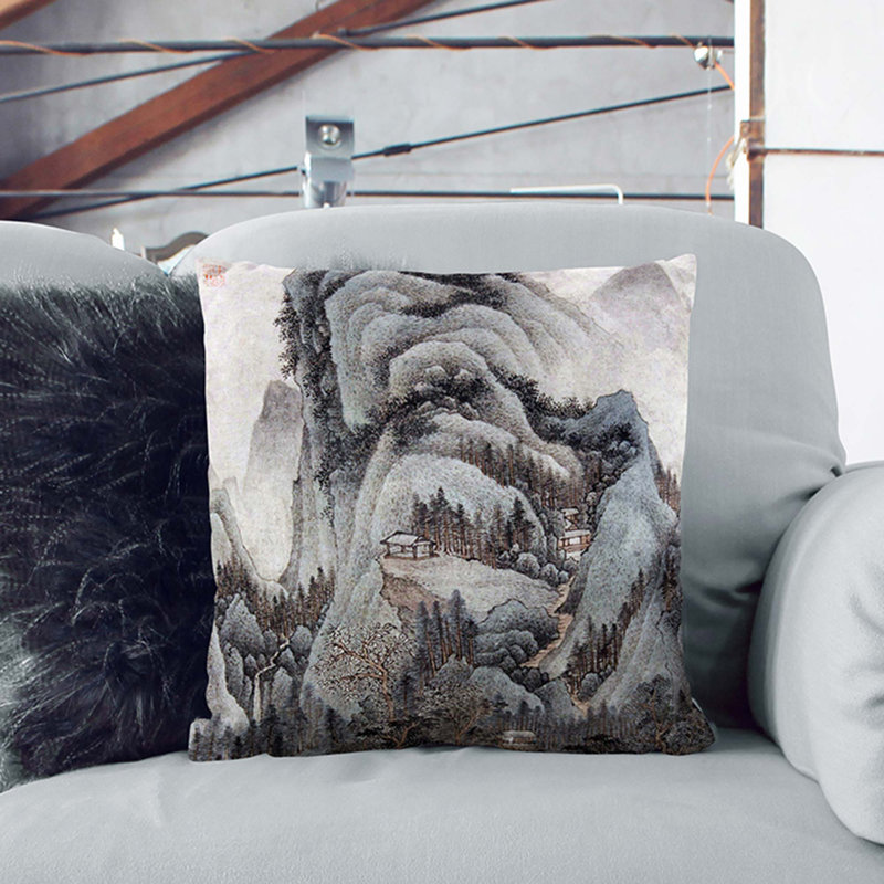 Mountain Scenery by Wang Jian Cushion with Filling, 55cm H x 55cm W x 20cm D, Stone