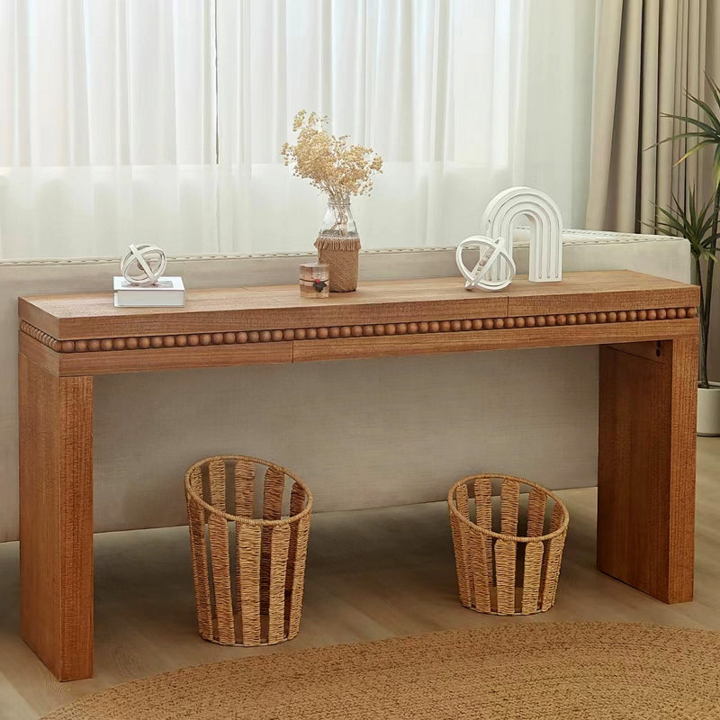 64In Modern Console Table – Elegant Entryway Table With Decorative Beaded Trim, Dark Brown