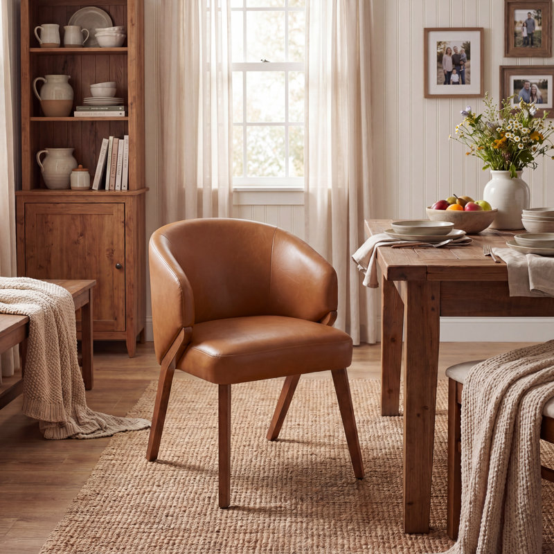 Single Upholstered Faux Leather Side Chair with Wooden Legs, Brown Faux Leather