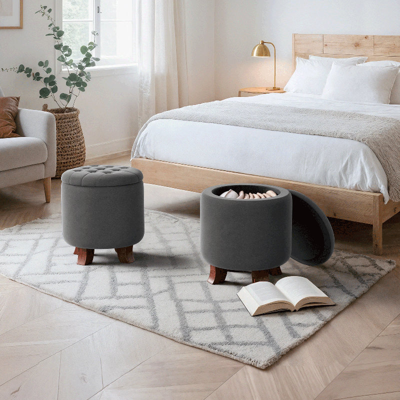 Upholstered Storage Ottoman Bench Button Tufted Round Ottoman Footrest Stool for Living Room Bedroom, Dark Gray