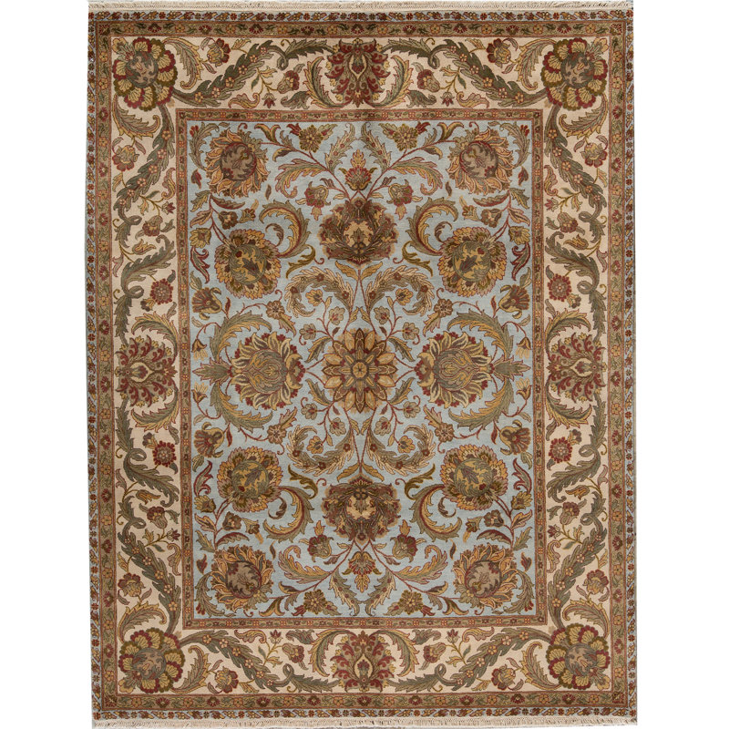 Tapis bleu clair et ivoire noué à la main de haute qualité