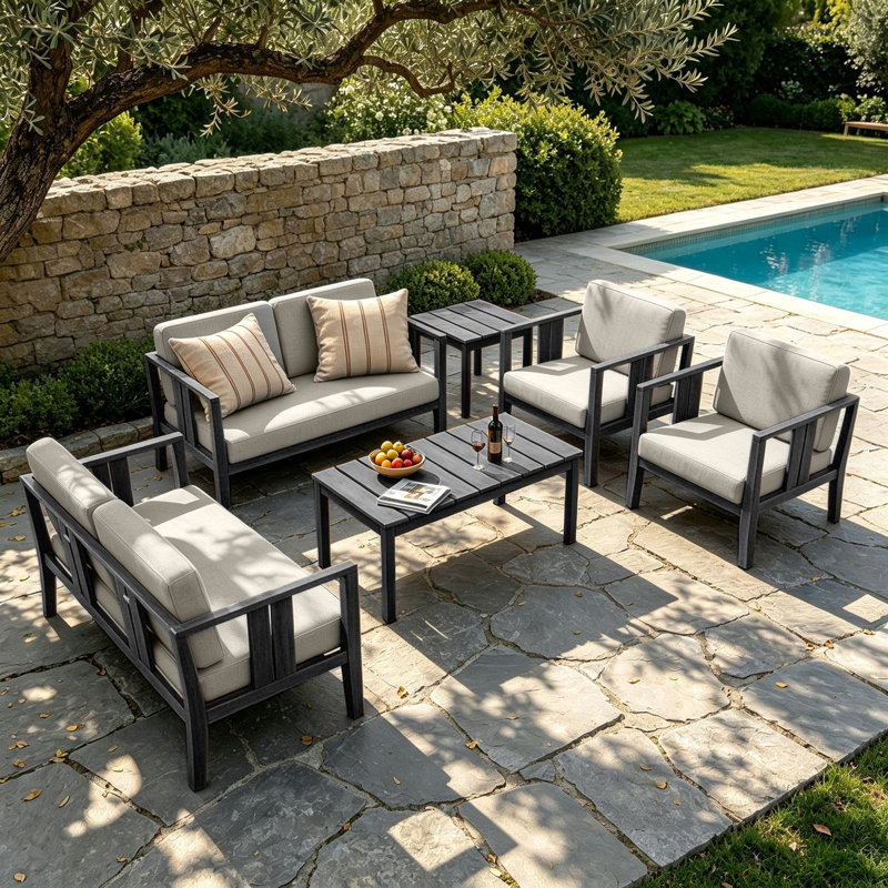 Junco Teak Outdoor Six-person Patio Set With Cushions And Two Tables, Light Camel, Black
