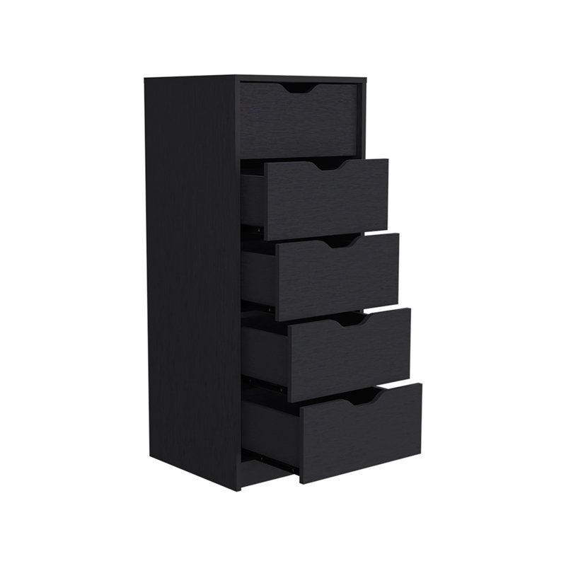 Commode Kamran, cinq tiroirs étroits, finition wengé noir, Noir
