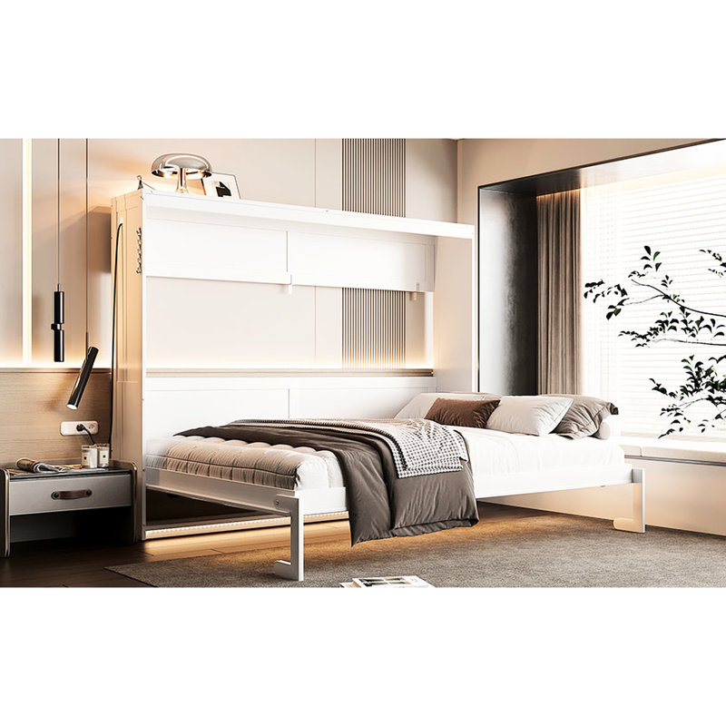 Grand lit, design, blanc, conduit sous, lit blanc encastré avec, imprimé, dessous, chargement