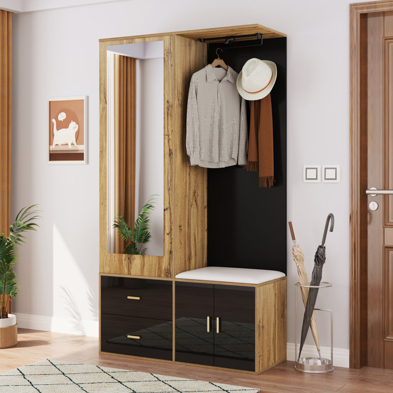 Hall Tree 100cm Wide with Bench and Shoe Storage, Black